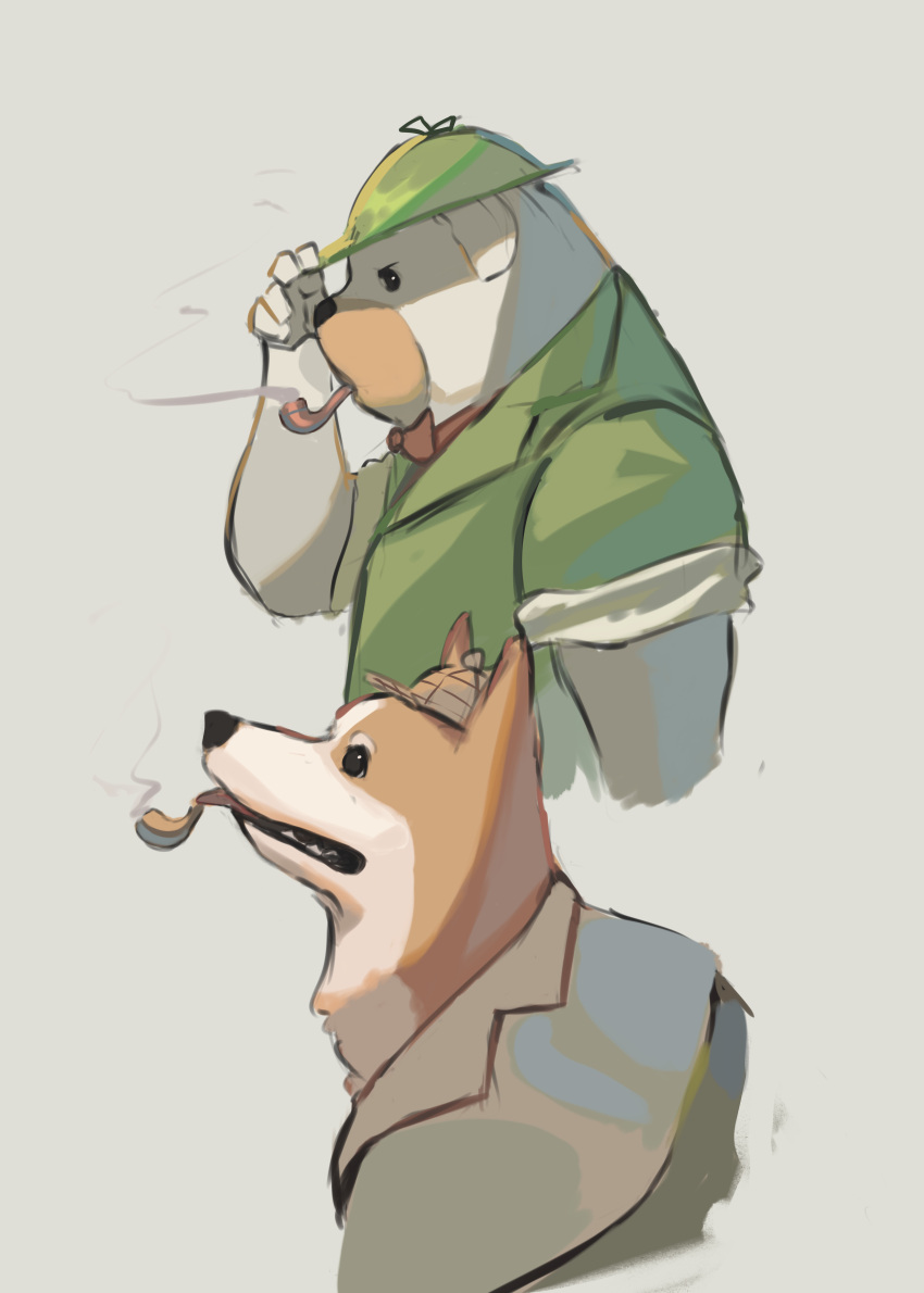 absurdres animal animal_focus bow bowtie brown_coat brown_headwear coat deerstalker detective dog green_headwear green_jacket hat highres jacket no_humans original pipe_in_mouth potatomochii red_bow red_bowtie smoke smoking smoking_pipe