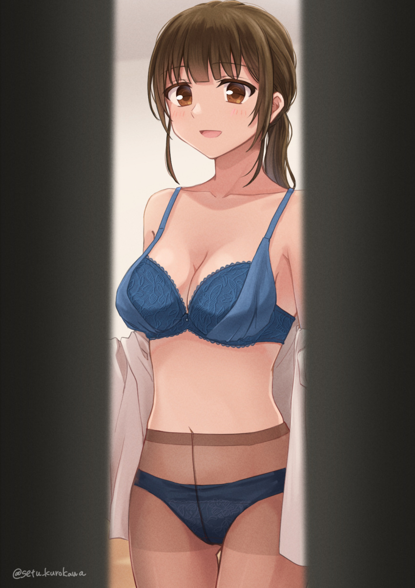 1girl :d artist_name blue_bra blue_panties blunt_bangs blush bra breasts brown_eyes brown_pantyhose cleavage collarbone commentary_request commission cowboy_shot highres indoors large_breasts looking_at_viewer navel open_mouth original panties pantyhose partially_undressed pixiv_commission ponytail setu_kurokawa shirt smile solo standing twitter_username underwear watermark white_shirt