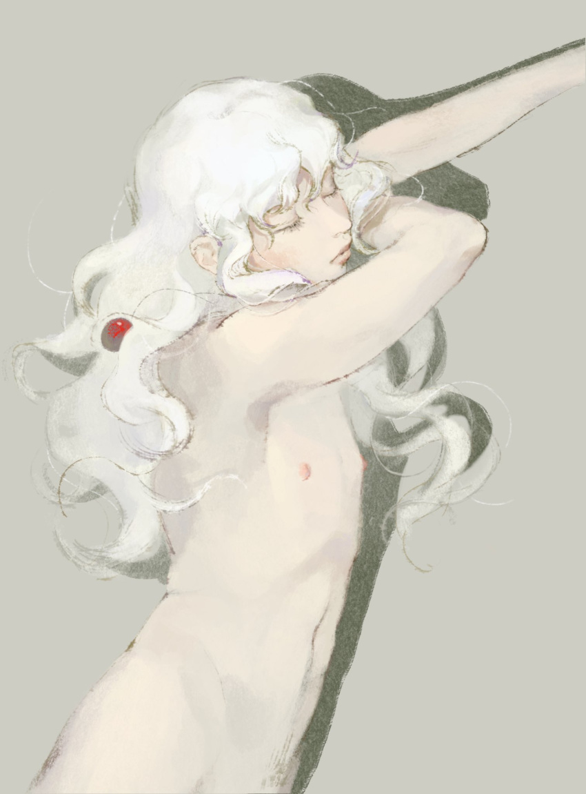 1boy aizheajsee arms_up berserk closed_eyes closed_mouth griffith_(berserk) highres jewelry long_hair male_focus nipples nude pendant shadow simple_background solo white_hair