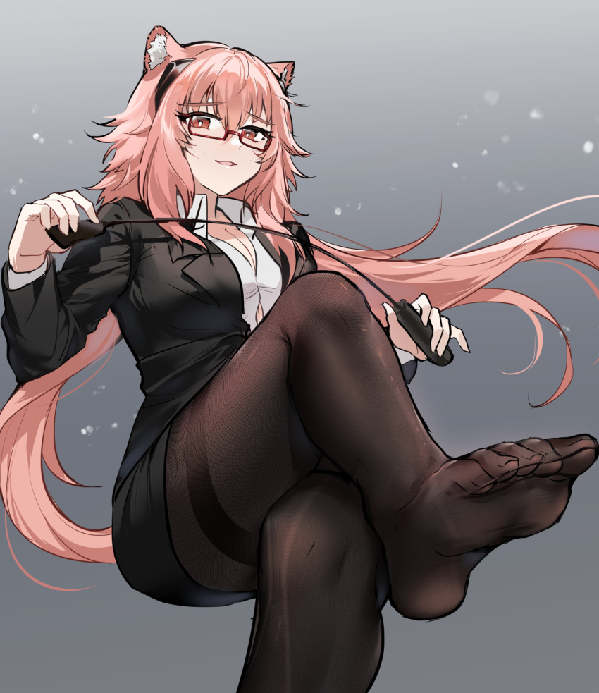 1girl akitsuki_(oenothera) animal_ear_fluff animal_ears arknights black_jacket black_skirt breasts brown_pantyhose cleavage collared_jacket collared_shirt commentary commission crossed_legs dress_shirt feet floating_hair foot_focus foot_out_of_frame foot_up foreshortening from_below glasses gradient_background gravel_(arknights) grey_background hair_between_eyes hands_up highres holding holding_riding_crop invisible_chair jacket large_breasts layered_sleeves light_particles long_hair long_sleeves looking_at_viewer miniskirt naughty_face open_clothes open_jacket pantyhose parted_lips pink_hair pixiv_commission prairie_dog_ears prairie_dog_girl presenting presenting_foot red-framed_eyewear red_eyes riding_crop see-through see-through_legwear semi-rimless_eyewear shadow shirt simple_background sitting skirt smile soles solo thighs toenails toes variant_set very_long_hair white_shirt wing_collar