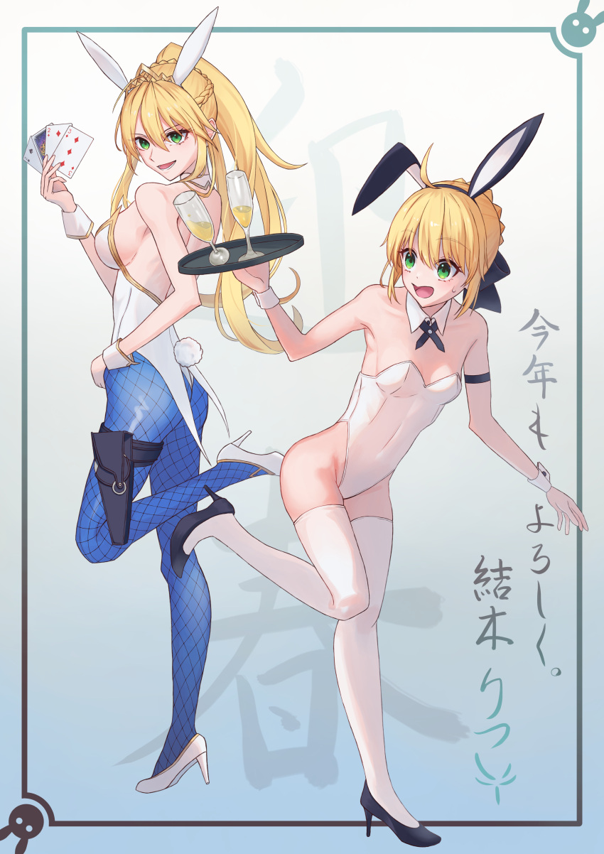 2girls absurdres ahoge animal_ears arm_strap artoria_pendragon_(fate) artoria_pendragon_(swimsuit_ruler)_(fate) backless_leotard bare_arms bare_shoulders black_bow black_footwear blonde_hair blue_pantyhose bow bra braid breasts card clumsy covered_navel crown_braid detached_collar english_commentary fake_tail fate/grand_order fate_(series) fishnet_pantyhose fishnets from_side full_body green_eyes groin hair_between_eyes hair_bow high_heels highleg highleg_leotard highres holding holding_card holding_tray holster leotard long_hair looking_at_viewer medium_breasts multiple_girls open_mouth pantyhose playboy_bunny playing_card ponytail pumps rabbit_ears saber saber_lily sideboob small_breasts soymilk26 strapless strapless_leotard sweatdrop tail thigh_holster tiara tray underwear v-shaped_eyebrows white_footwear white_leotard wrist_cuffs