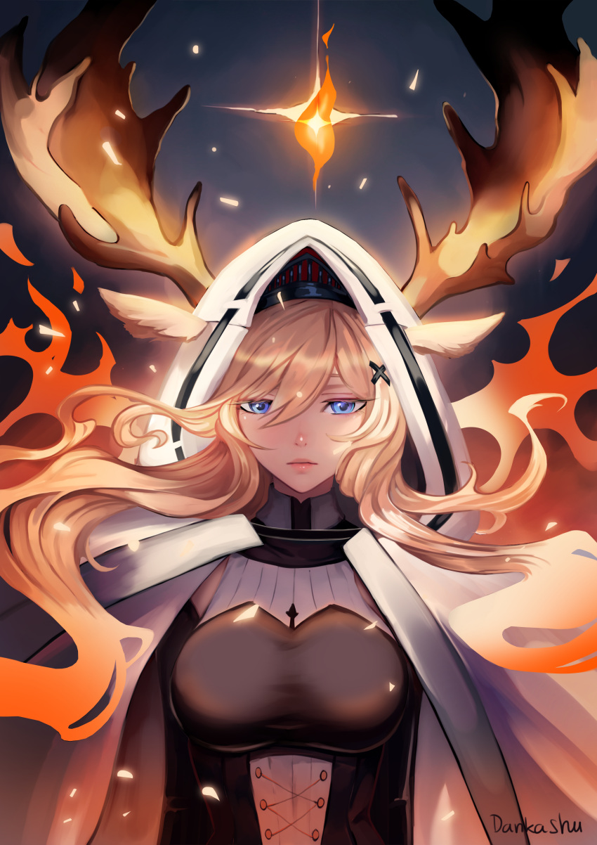 1girl absurdres animal_ears antlers antlers_through_hood arknights blonde_hair blue_eyes cape dankashu deer_antlers deer_ears deer_girl ears_through_hood fire hair_between_eyes highres hood hood_up hooded_cape horns_through_hood lips non-web_source self-upload signature solo upper_body viviana_(arknights) white_hood