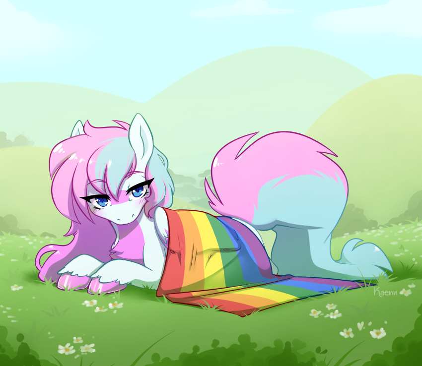 absurd_res big_tail blue_body blue_eyes blue_fur blue_hair blue_mane blue_tail blush chest_tuft equid equine eyelashes fan_character female feral flag flower folded_wings fur grass hair hasbro hi_res hooves kaenn lgbt_pride long_tail looking_at_viewer mammal mane multicolored_body multicolored_fur multicolored_hair multicolored_mane my_little_pony outside pegasus pink_body pink_fur pink_hair pink_hooves pink_mane pink_tail plant pride_colors rainbow_pride_colors tail tuft two_tone_hair two_tone_mane two_tone_tail wings