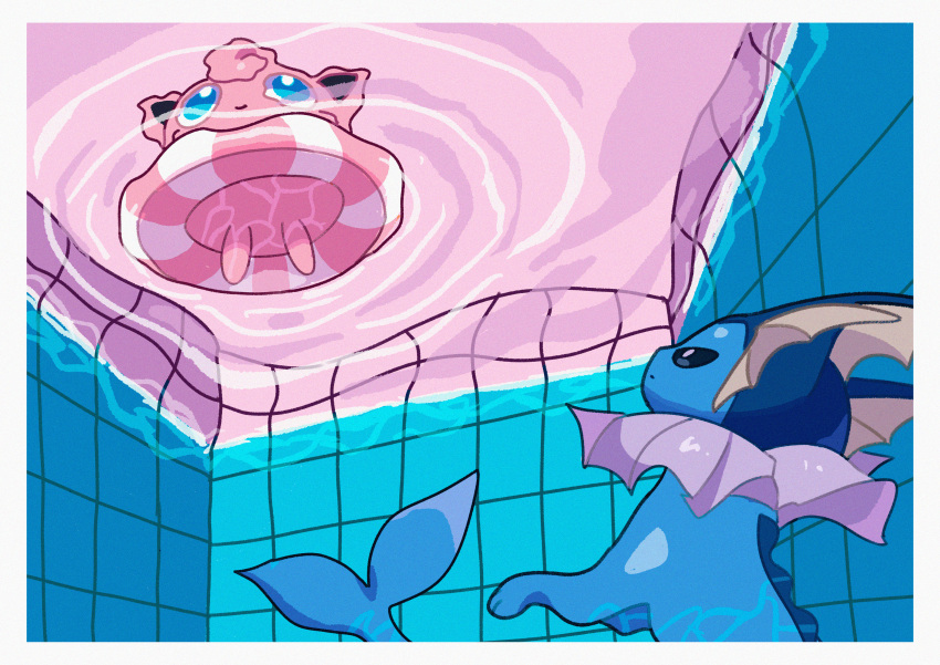 absurdres afloat closed_mouth commentary highres innertube jigglypuff looking_up no_humans pokemon pokemon_(creature) pool ripples saiku_(zvlku) tile_wall tiles vaporeon water