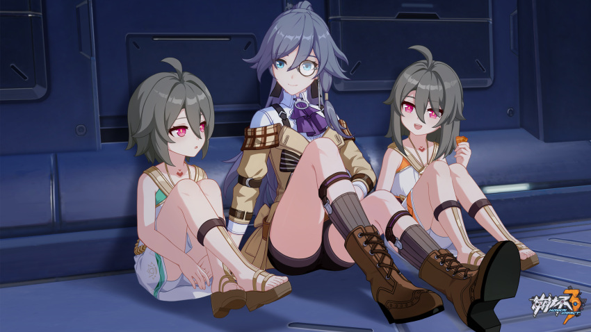 3girls :d :o arm_support ascot blue_eyes boots breasts brown_footwear brown_sleeves child chinese_commentary closed_mouth dress fu_hua fu_hua_(valkyrie_accipiter) grey_hair hair_between_eyes highres holding honkai_(series) honkai_impact_3rd long_hair looking_at_another monocle multiple_girls official_alternate_costume official_art official_wallpaper open_mouth purple_ascot red_eyes shirt short_hair shorts sitting small_breasts smile spoilers vita_(young)_(honkai_impact) white_dress white_shirt
