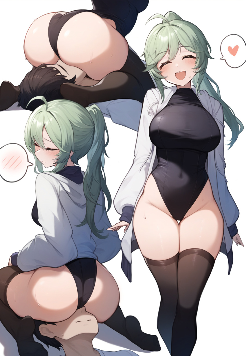 1boy 1girl :d ^_^ ass athletic_leotard black_leotard black_thighhighs blush breasts closed_eyes closed_mouth commentary covered_navel cunnilingus de_lacey_(neural_cloud) english_commentary girls'_frontline_neural_cloud green_hair heart hetero highres jacket large_breasts leotard lividy long_hair multiple_views open_clothes open_jacket oral ponytail sitting_on_face smile spoken_blush spoken_heart standing sweat thighhighs thighs white_jacket