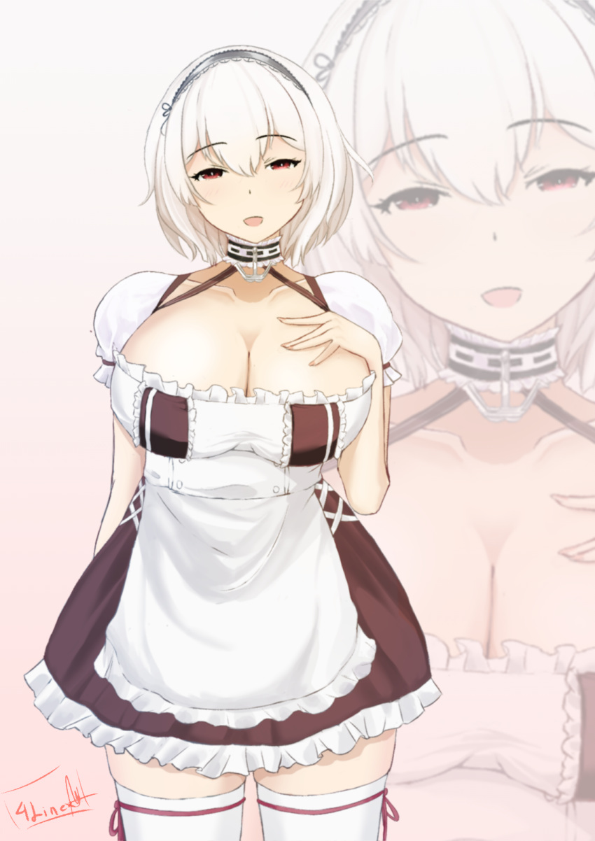 :d anchor_symbol apron azur_lane braid breasts chain choker cleavage clothes_lift collar collarbone hair_between_eyes hand_on_own_chest highres large_breasts lifted_by_self line4x long_hair looking_at_viewer maid maid_apron maid_headdress multiple_girls multiple_views open_mouth purple_eyes red_eyes short_hair sidelocks single_braid sirius_(azur_lane) skirt skirt_lift smile thighhighs white_background white_hair zettai_ryouiki zoom_layer