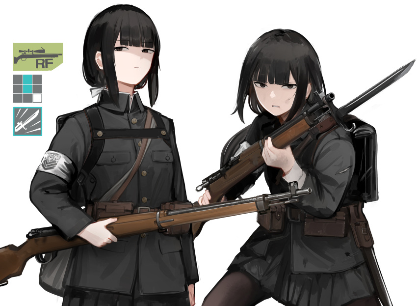 1girl ammunition_pouch arisaka armband backpack bag bayonet belt_pouch black_bag black_eyes black_hair black_jacket black_skirt blunt_bangs bolt_action breast_pocket buttons closed_mouth cowboy_shot expressionless fighting_stance gameplay_mechanics girls'_frontline griffin_&amp;_kryuger gun highres holding holding_gun holding_weapon jacket long_hair long_sleeves looking_at_viewer low_ponytail miniskirt multiple_views original pleated_skirt pocket pouch rampart1028 rifle sheath sidelocks simple_background skirt sling torn_clothes type_38_rifle uniform unsheathed weapon white_background wing_collar