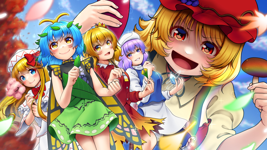 5girls aki_minoriko aki_shizuha antennae aqua_hair blonde_hair blue_eyes blue_skirt blue_vest blush butterfly_wings buttons capelet closed_mouth collared_shirt day dress eternity_larva fairy fairy_wings food frilled_skirt frills fruit_hat_ornament grape_hat_ornament green_dress hair_ornament hat hat_ornament highres holding holding_food holding_leaf holding_paintbrush leaf leaf_hair_ornament leaf_on_head letty_whiterock light_purple_hair lily_white long_hair long_sleeves mob_cap multicolored_clothes multicolored_dress multiple_girls mushroom open_mouth outdoors paintbrush red_eyes red_headwear red_shirt red_skirt shirt short_hair short_sleeves siblings sisters skirt smile sweet_potato tatsu_toyoyo touhou vest white_capelet white_dress white_headwear wide_sleeves wings yellow_eyes yellow_shirt