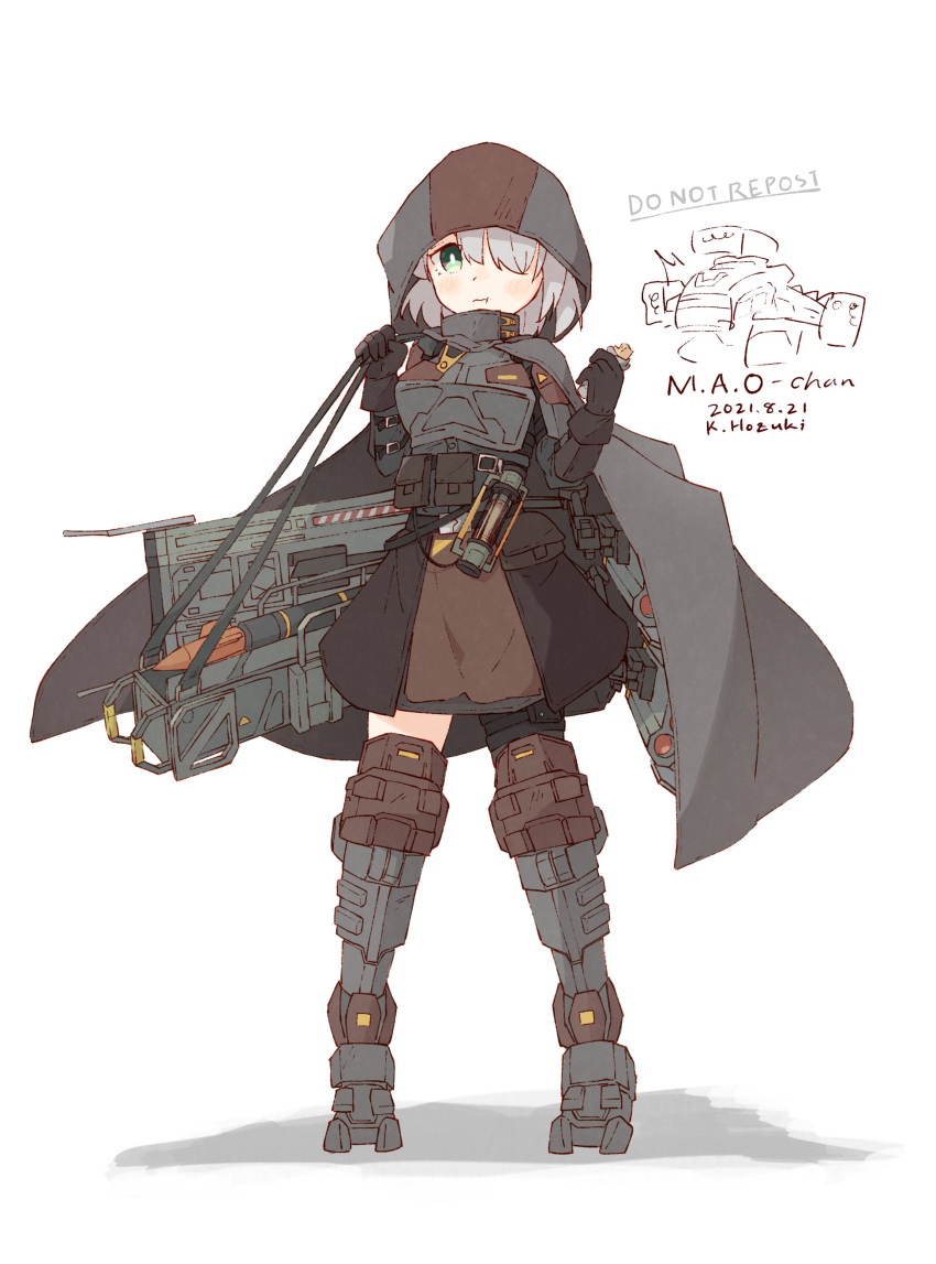 1girl absurdres armor battle_of_titans brown_skirt buckle cape carrying eating gloves green_eyes grey_hair hair_over_one_eye highres holding_snack hood hooded_cape hozukikasumi huge_weapon leg_armor m.a.o._(battle_of_titans) mecha_musume mechanical_legs mechanical_parts missile missile_pod plate_carrier shoulder_armor shoulder_carry skirt standing tagme weapon white_background