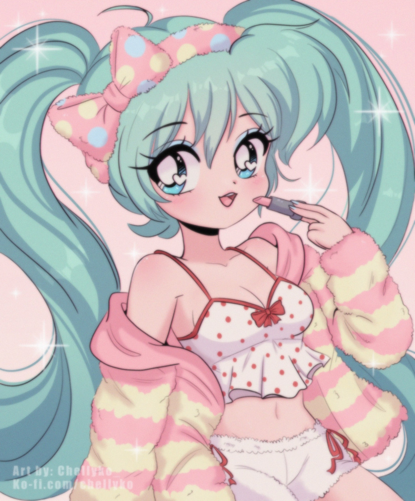 1990s_(style) 1girl absurdres artist_name blue_eyes blue_hair blue_nails blush bow breasts chelly_(chellyko) cleavage collarbone eyeshadow hair_bow hairband hatsune_miku heart heart_in_eye highres holding hood hoodie lipstick long_hair long_sleeves looking_at_viewer looking_to_the_side makeup medium_breasts midriff navel off_shoulder open_mouth pink_background pink_hoodie polka_dot polka_dot_bow polka_dot_shirt retro_artstyle shirt short_shorts shorts smile solo sparkle standing striped striped_hoodie symbol_in_eye tank_top teeth twintails vocaloid watermark white_shirt white_shorts