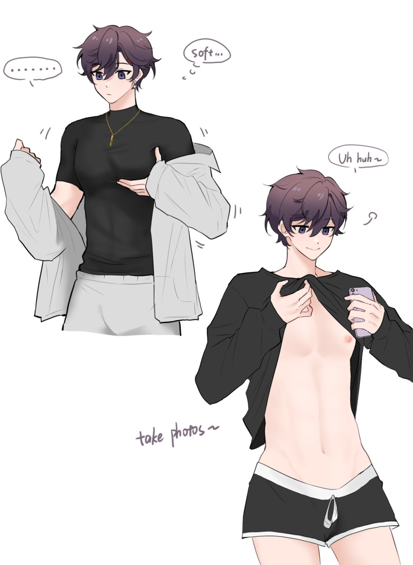 1boy abs black_hair black_male_underwear black_shirt cellphone clothes_lift highres holding holding_phone indie_virtual_youtuber jacket jewelry long_sleeves male_focus male_underwear mmanohei muscular muscular_male navel necklace pants phone purple_eyes shirt shirt_lift short_hair shoto_(vtuber) smartphone smile stomach underwear virtual_youtuber white_jacket white_pants