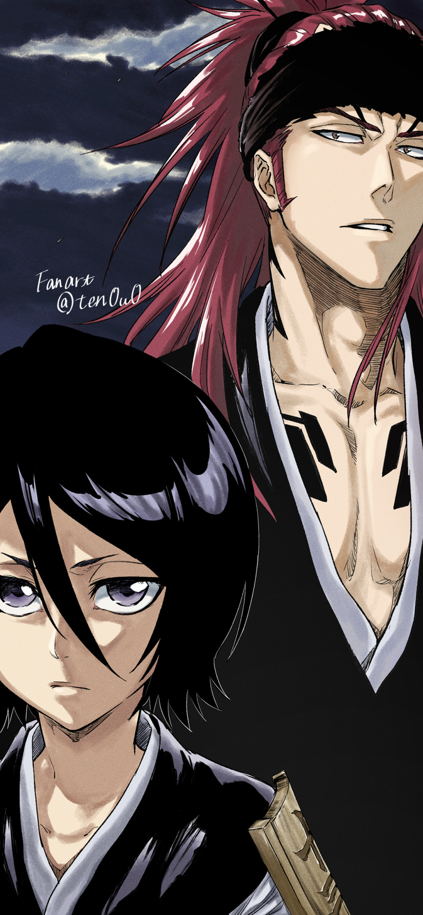 1boy 1girl abarai_renji badge black_hair black_headband black_kimono bleach fukutaichou_badge hair_between_eyes headband highres japanese_clothes kimono kuchiki_rukia long_bangs long_hair looking_at_viewer official_style ponytail purple_eyes red_hair short_hair ten0u0 twitter_username upper_body