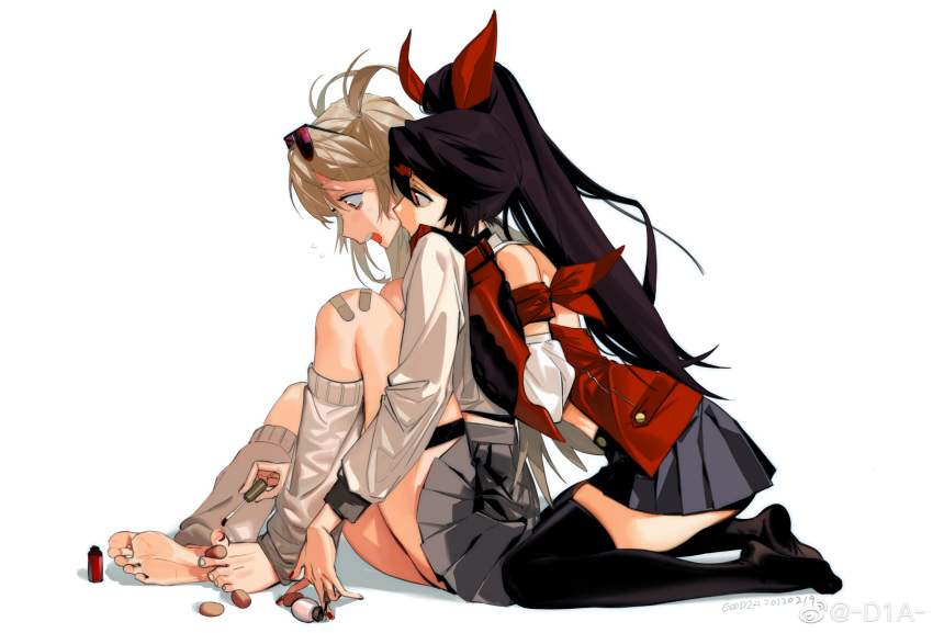 2girls absurdres alchemy_stars applying_makeup artist_request bandaid bandaid_on_knee bandaid_on_leg barefoot black_hair black_skirt black_thighhighs blush brown_hair detached_sleeves eyewear_on_head gauntlets grey_skirt hair_ornament hairclip hand_on_another's_shoulder high_ponytail highres jacket leg_warmers long_hair long_sleeves looking_down miniskirt multiple_girls nail_polish no_shoes open_mouth ponytail red_jacket rouge_(alchemy_stars) ruby_(alchemy_stars) shirt simple_background sitting skirt source_request sunglasses sweatdrop thigh_strap thighhighs toenail_polish toenails two_side_up weibo_username white_background white_shirt