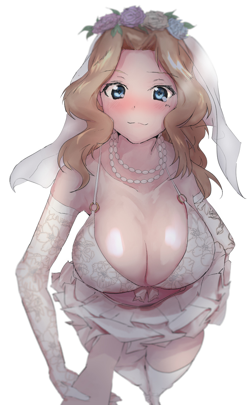 1boy 1girl absurdres arm_grab bare_shoulders blonde_hair blue_eyes blush breasts bridal_veil cleavage collarbone commentary_request dress flower fourth_wall girls_und_panzer gloves hair_flower hair_ornament highres jewelry kay_(girls_und_panzer) kyougi_sharyou large_breasts long_hair looking_at_viewer necklace parted_bangs pearl_necklace smile thighhighs veil wedding_dress white_dress white_thighhighs