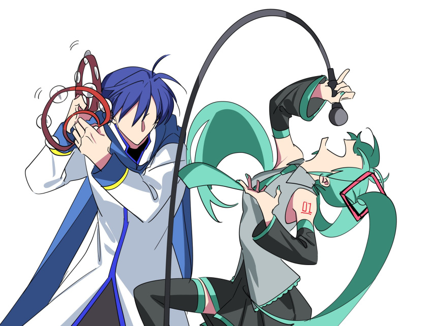 1boy 1girl aqua_hair aqua_nails black_footwear black_skirt black_sleeves blue_hair blue_scarf boots coat detached_sleeves faceless grey_shirt hatsune_miku highres holding holding_microphone instrument kaimiku_yummy kaito_(vocaloid) long_hair long_sleeves microphone microphone_cord music open_mouth scarf shirt simple_background singing skirt tambourine thigh_boots twintails very_long_hair vocaloid white_background white_coat