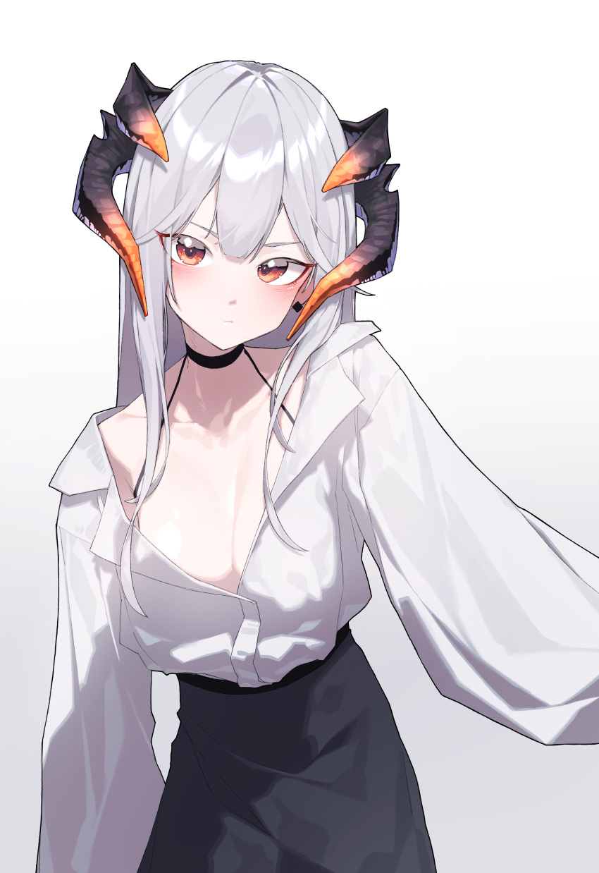 1girl absurdres arknights beudelb black_choker black_skirt blush breasts choker cleavage closed_mouth commentary cowboy_shot dragon_horns ear_piercing frown gradient_background grey_background grey_hair highres horns long_hair looking_at_viewer medium_breasts off_shoulder open_clothes open_shirt orange_eyes piercing saria_(arknights) shirt shirt_tucked_in simple_background skirt solo standing straight_hair white_background white_shirt