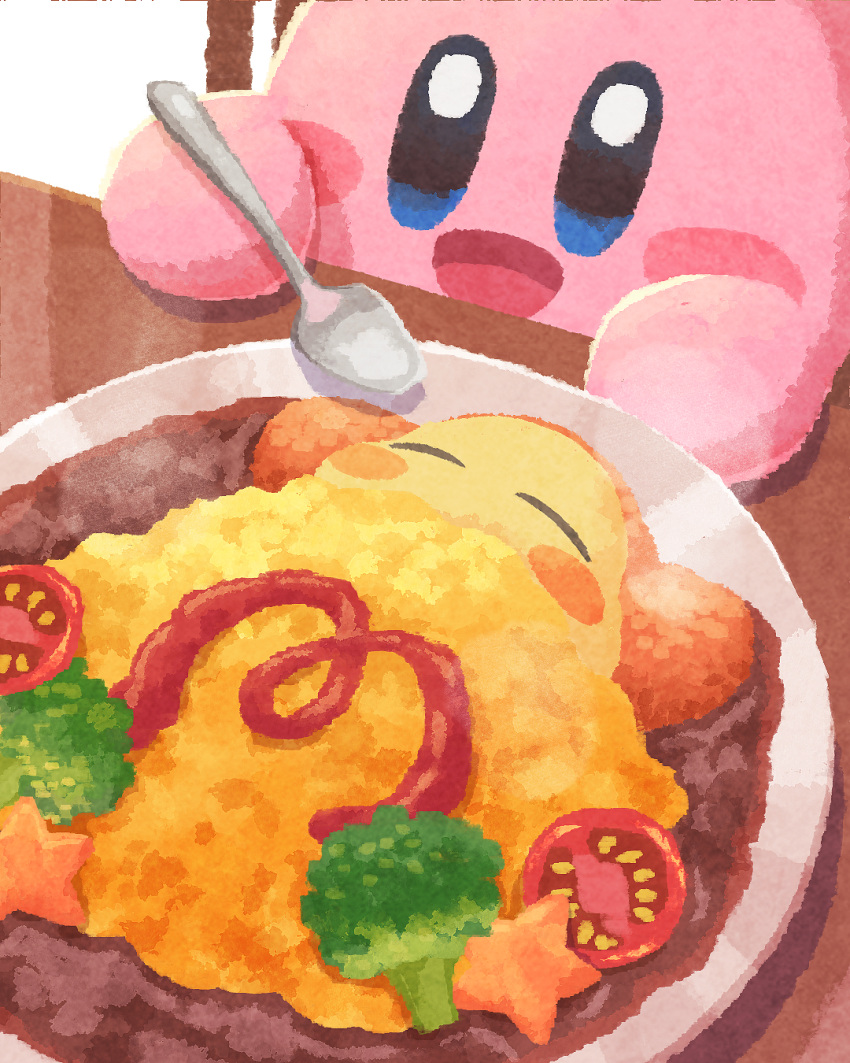 blue_eyes blush_stickers broccoli carrot_slice cherry_tomato curry food food_focus foodification highres holding holding_spoon ketchup kirby kirby_(series) kirby_cafe miclot no_humans omelet omurice open_mouth plate smile spoon table tomato waddle_dee