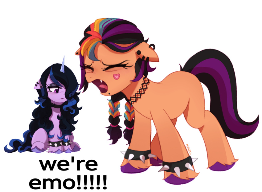 black_hair blue_hair bracelet choker collar ear_piercing earth_pony emo equid equine goth goth_izzy_(mlp) hair hasbro hi_res hooves horn horse izzy_moonbow_(mlp) jewelry mammal marenlicious mlp_g5 multicolored_hair my_little_pony necklace piercing pony purple_hair simple_background sitting spiked_bracelet spikes sunny_starscout_(mlp) two_tone_hair unicorn white_background
