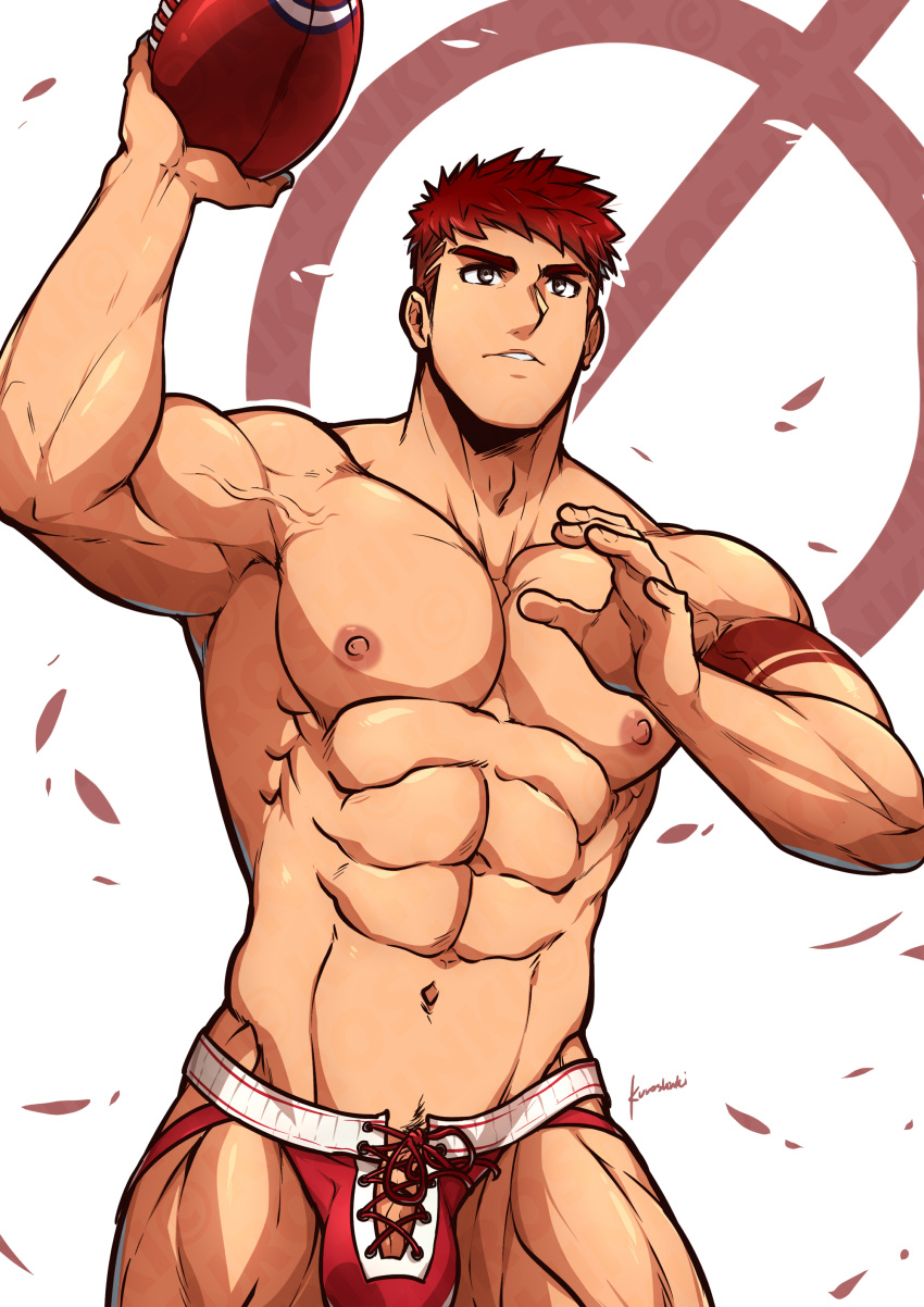 1boy abs absurdres armband ball bara bulge derek_kingsfield highres holding holding_ball jock_studio_(blits_games) jockstrap kuroshinki large_pectorals male_focus male_underwear muscular muscular_male navel nipples pectorals red_armband red_hair red_male_underwear short_hair soccer_ball solo underwear