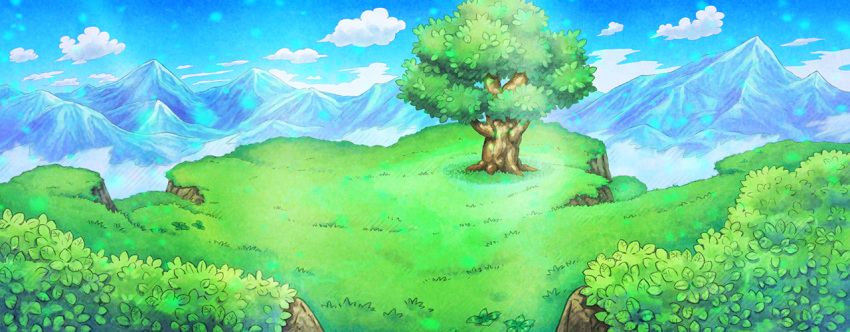 artist_request blue_sky bush cloud commentary day english_commentary field fushigi_no_dungeon game_cg grass light_particles light_rays mountain mountainous_horizon no_humans official_art outdoors pokemon pokemon_(game) pokemon_mystery_dungeon scenery sky sunlight third-party_source tree wide_shot