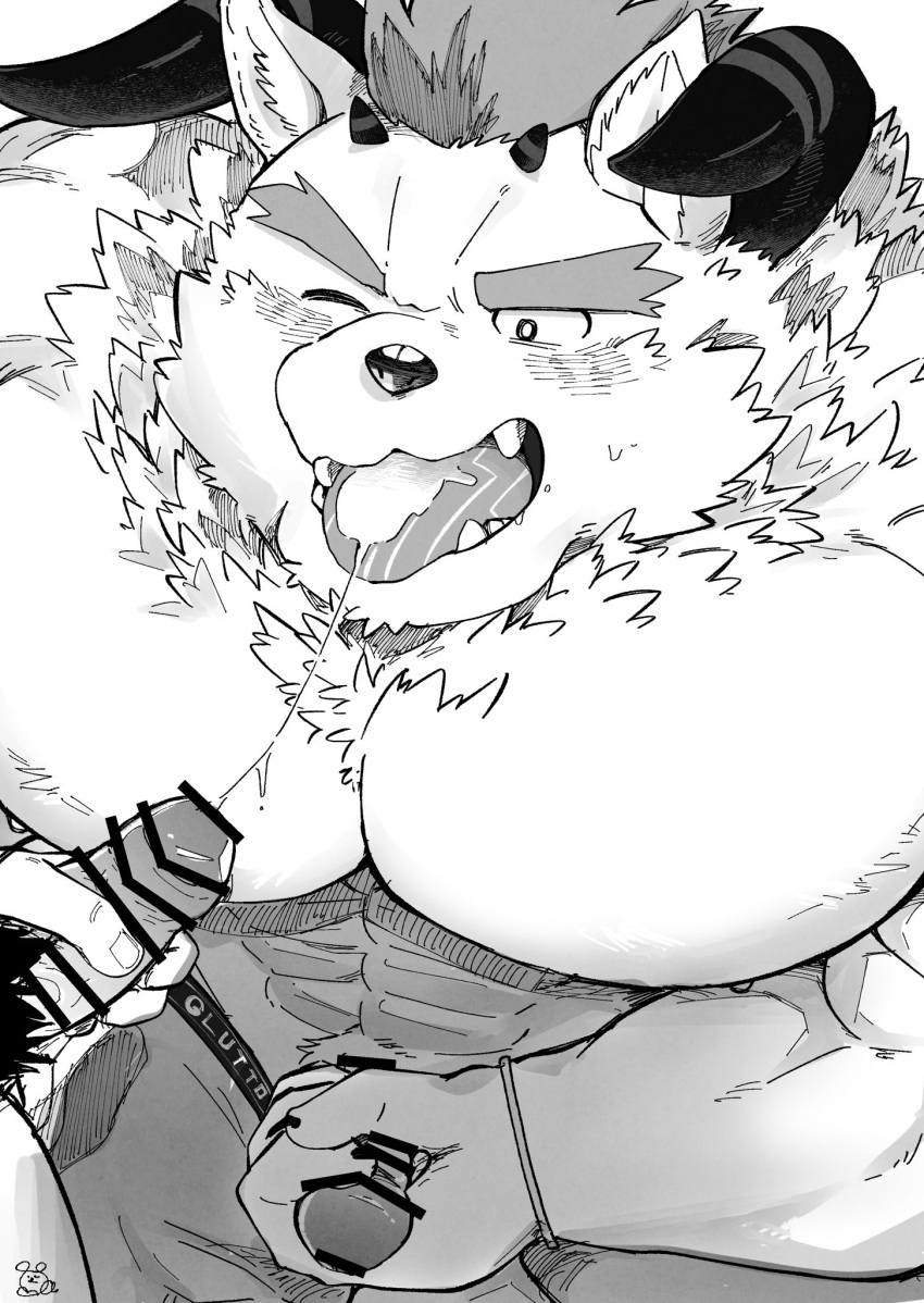 abs anthro balls behemoth_(housamo) blush bodily_fluids cum cum_in_mouth cum_inside duo erection eyebrows genital_fluids genitals hi_res horn lifewonders male male/male masturbation monster muscular muscular_anthro muscular_male nipples pecs penis rudolph_trnd thick_eyebrows tokyo_afterschool_summoners tongue