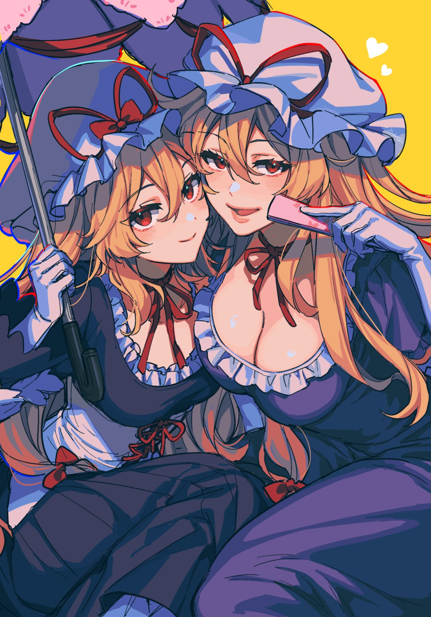 2girls blonde_hair blush breasts cleavage closed_mouth dress dual_persona elbow_gloves folded_fan folding_fan gloves hair_between_eyes hand_fan hat hat_ribbon heart highres holding holding_fan holding_umbrella large_breasts long_hair looking_at_viewer mob_cap multiple_girls noriuma open_mouth purple_dress red_eyes red_ribbon ribbon simple_background smile touhou umbrella white_gloves white_headwear yakumo_yukari yellow_background