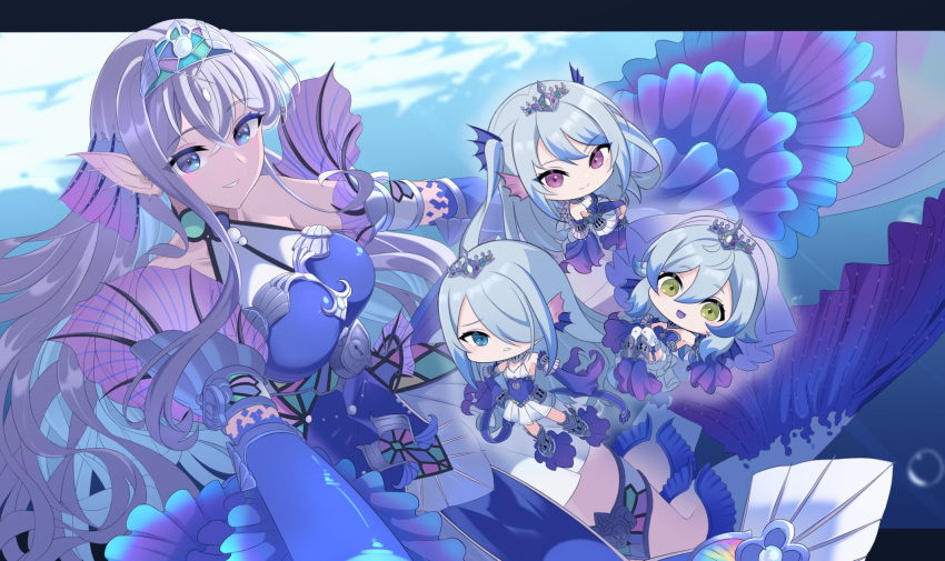 1girl bare_shoulders blue_dress blue_eyes blush bubble chibi detached_sleeves dress duel_monster fins green_eyes head_fins heichi highres lock long_hair open_mouth purple_eyes siren_(mythology) smile solo swimming tearlaments_havnis tearlaments_kitkallos tearlaments_merrli tearlaments_scheiren teeth underwater white_hair yu-gi-oh!