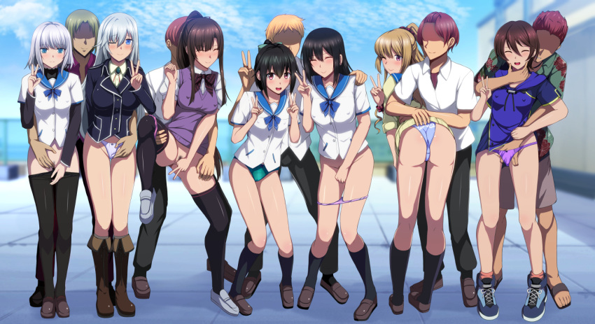 5boys 6+girls :d ;) aiba_asagi akatsuki_nagisa arm_around_waist ass black_hair black_jacket black_pantyhose black_thighhighs blazer blonde_hair blue_bow blue_bowtie blue_eyes blue_footwear blue_hoodie blue_panties blue_sailor_collar blue_sky blurry blurry_background blush boots bow bowtie brown_eyes brown_footwear brown_hair closed_eyes clothes_pull commentary_request covered_nipples covering covering_crotch daiaru double_v faceless faceless_male female_pubic_hair fingering fingering_through_clothes fingering_through_panties fingers_to_cheeks forced_smile full_body green_panties grey_footwear grey_hair hand_on_another's_shoulder hand_up hetero himeragi_yukina hood hood_down hoodie jacket kanase_kanon kirasaka_sayaka knee_boots la_folia_rihavein leaning_forward leg_lift lifted_by_another loafers long_hair looking_at_viewer multiple_boys multiple_girls one_eye_closed outdoors panties panties_around_one_leg panty_pull pantyhose pantyhose_pull pink_panties ponytail pubic_hair public_indecency public_nudity purple_panties purple_sweater_vest reach-around red_eyes rooftop saikai_academy_school_uniform sailor_collar school_uniform serafuku shirt shoes short_hair sky smile sneakers strike_the_blood striped striped_bow striped_bowtie sweater sweater_vest thighhighs through_clothes tokoyogi_yuuma underwear v white_panties white_shirt