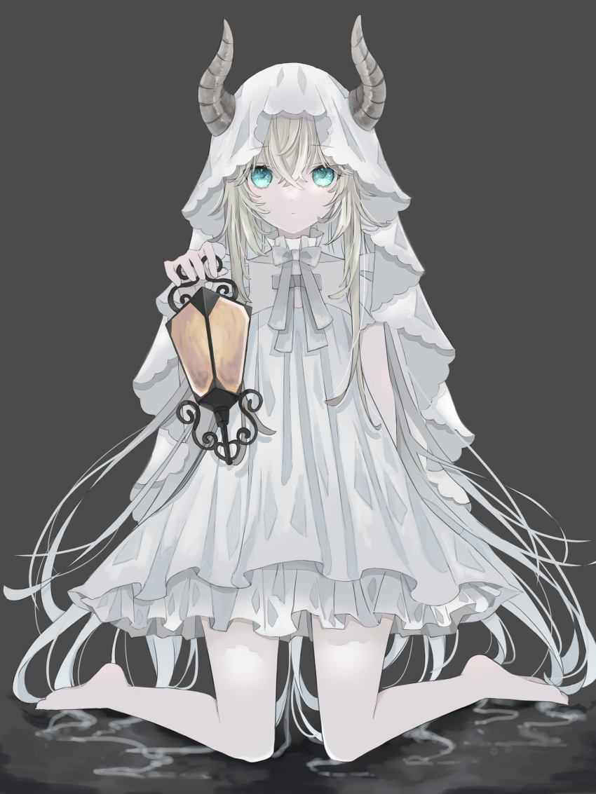 1girl absurdres bare_legs barefoot blonde_hair bow bowtie choker closed_mouth collarbone commentary crossed_bangs dot_mouth dress frilled_choker frilled_dress frills full_body green_eyes grey_background grey_bow hair_between_eyes hand_up highres holding holding_lantern horns kneeling knees_together_feet_apart lantern long_hair looking_at_viewer okome_0216 original sidelocks simple_background solo straight-on traditional_bowtie veil very_long_hair white_dress white_veil