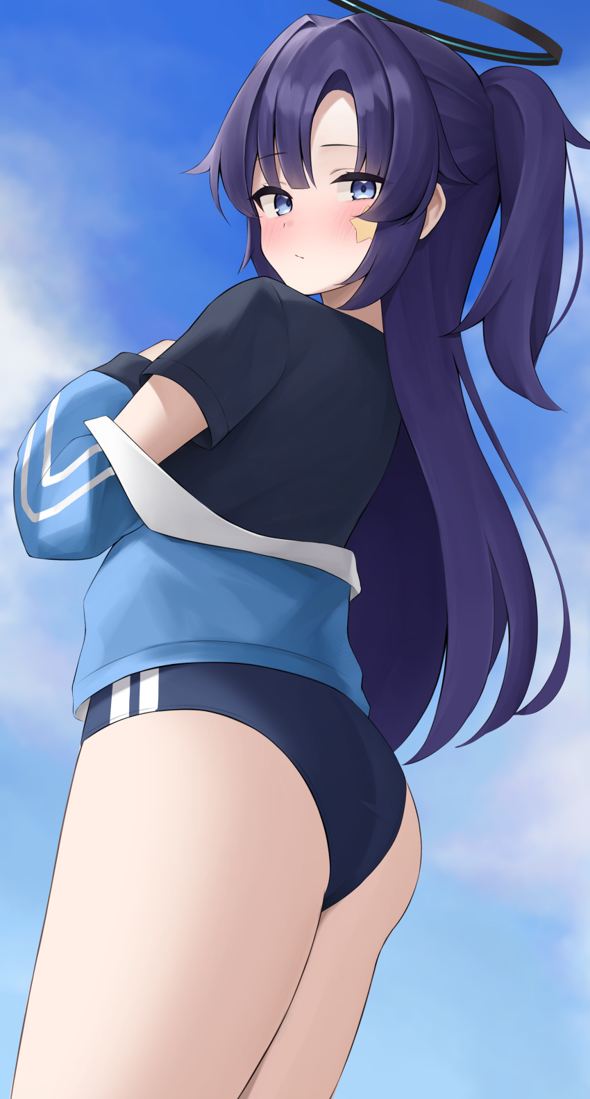 1girl absurdres blue_archive blue_eyes blue_hair gym_uniform halo highres long_hair looking_at_viewer official_alternate_costume solo thighs tsubaki_0317 yuuka_(blue_archive) yuuka_(track)_(blue_archive)