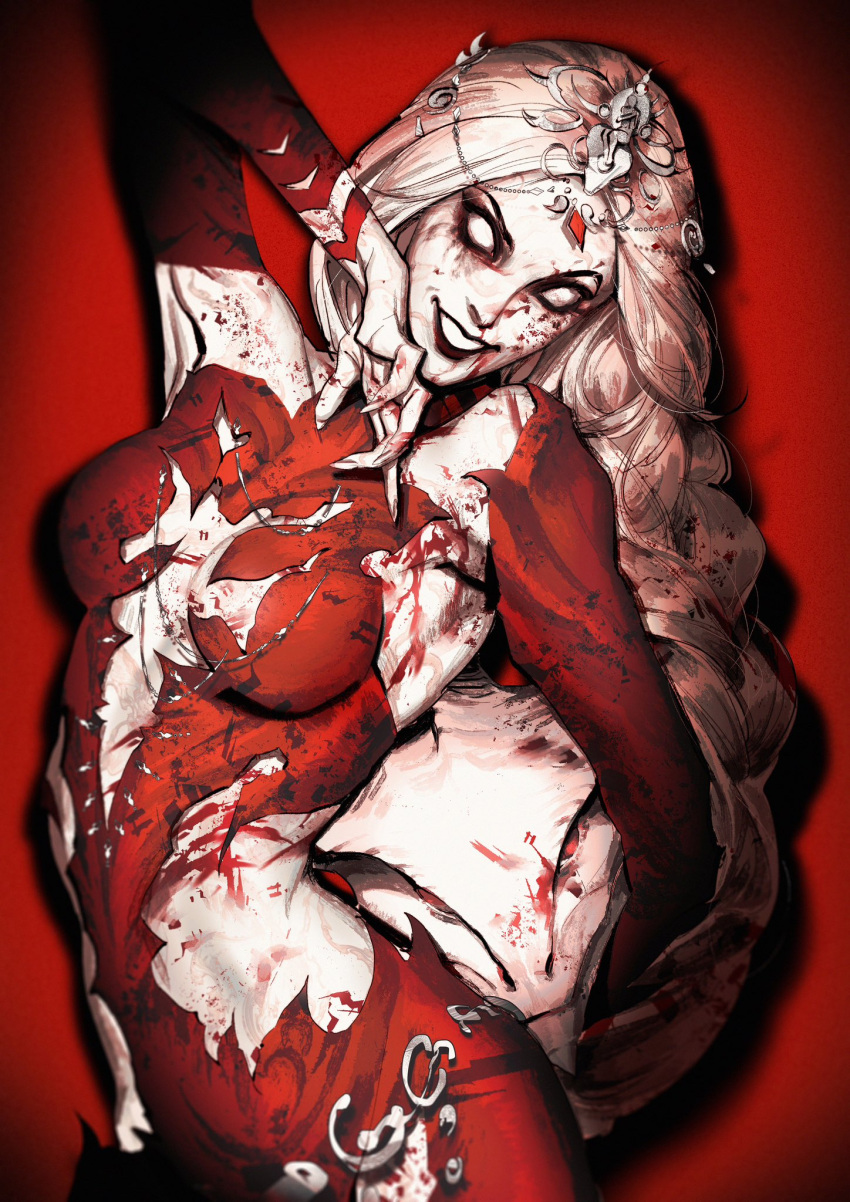 1girl arm_up baldur's_gate baldur's_gate_3 black_eyeshadow black_lips blank_eyes blonde_hair blood blood_in_hair blood_on_arm blood_on_chest blood_on_clothes blood_on_face blood_on_hands bodysuit braid breasts circlet cleavage_cutout clothing_cutout colored_skin commentary cowboy_shot crazy_grin detached_sleeves dungeons_and_dragons eliza_fox eyeshadow facing_viewer grin hand_on_own_face headpiece highres hip_vent long_hair makeup orin_the_red red_background red_bodysuit red_theme single_braid smile solo standing vignetting white_skin