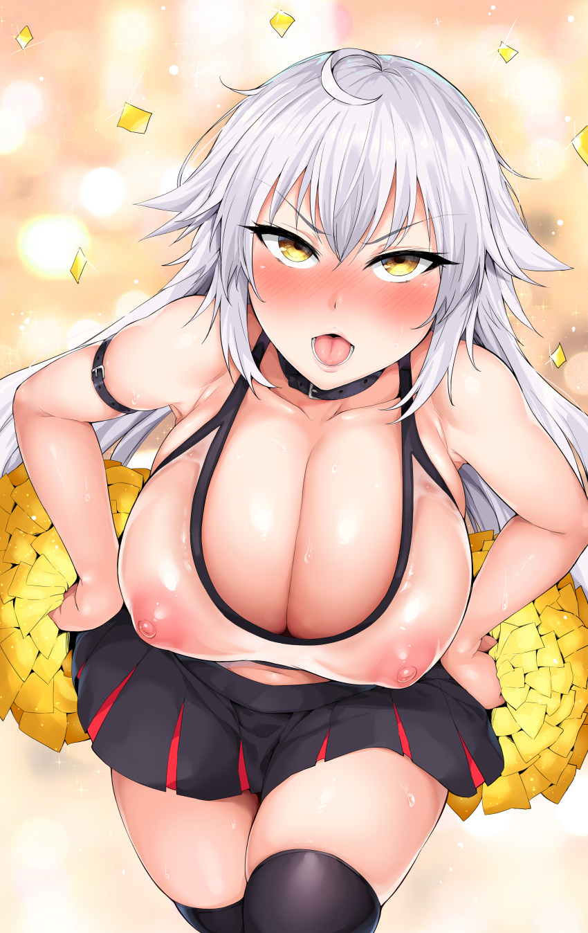 1girl absurdres ahoge alternate_costume bare_shoulders black_collar black_skirt black_thighhighs blush breasts cheerleader cleavage collar confetti covered_nipples fate/grand_order fate_(series) highres jeanne_d'arc_alter_(avenger)_(fate) jeanne_d'arc_alter_(fate) katsura_harufumi large_breasts leaning_forward long_hair looking_at_viewer miniskirt nipples nose_blush open_mouth pom_pom_(cheerleading) see-through skirt solo sports_bra standing sweat thighhighs very_long_hair white_hair