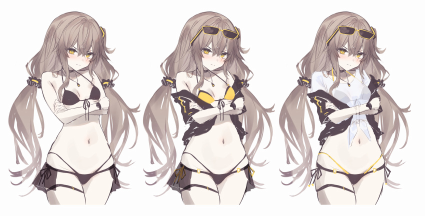 1girl bikini black_bikini black_jacket blush breasts brown_hair commentary_request cropped_legs crossed_arms diieru eyewear_on_head girls'_frontline highres jacket long_hair looking_at_viewer multiple_views navel scar scar_across_eye shirt short_sleeves simple_background small_breasts sunglasses swimsuit tied_shirt twintails ump45_(girls'_frontline) white_background white_shirt yellow-framed_eyewear yellow_bikini yellow_eyes