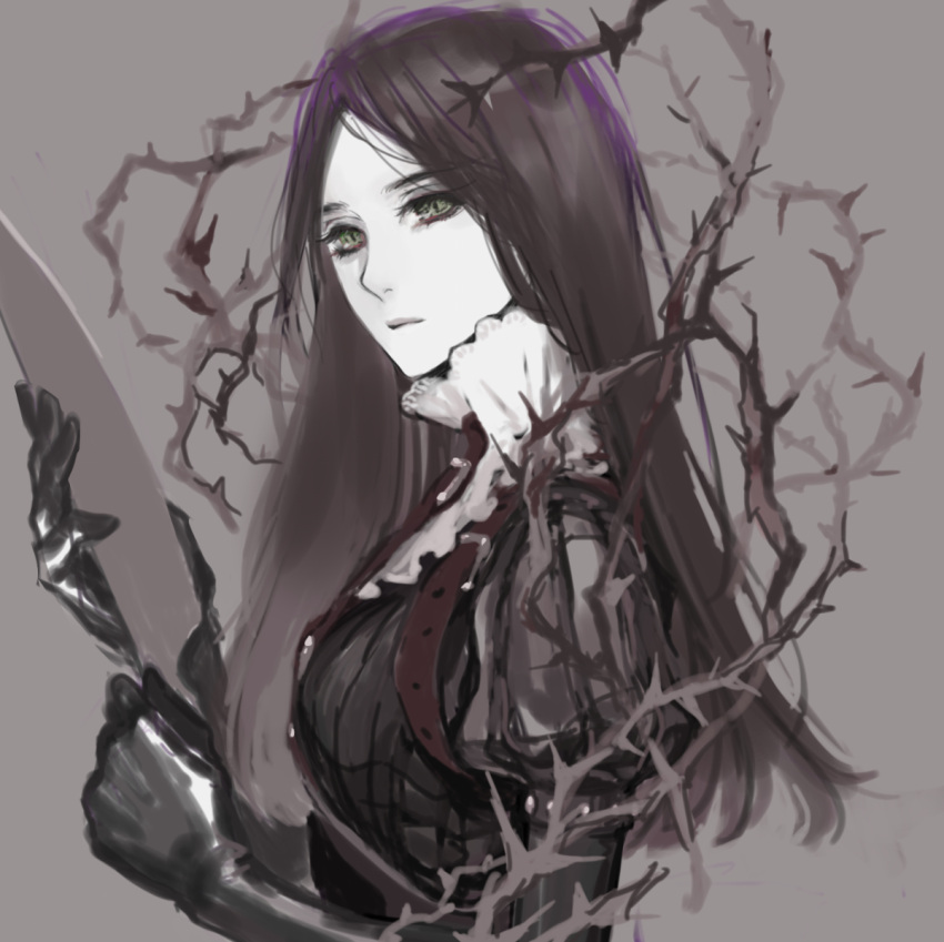 1girl alice:_madness_returns alice_liddell_(american_mcgee's_alice) american_mcgee's_alice black_eyes black_gloves black_hair closed_mouth dress gloves greyscale knife kurayoshi long_hair looking_at_viewer monochrome simple_background solo weapon