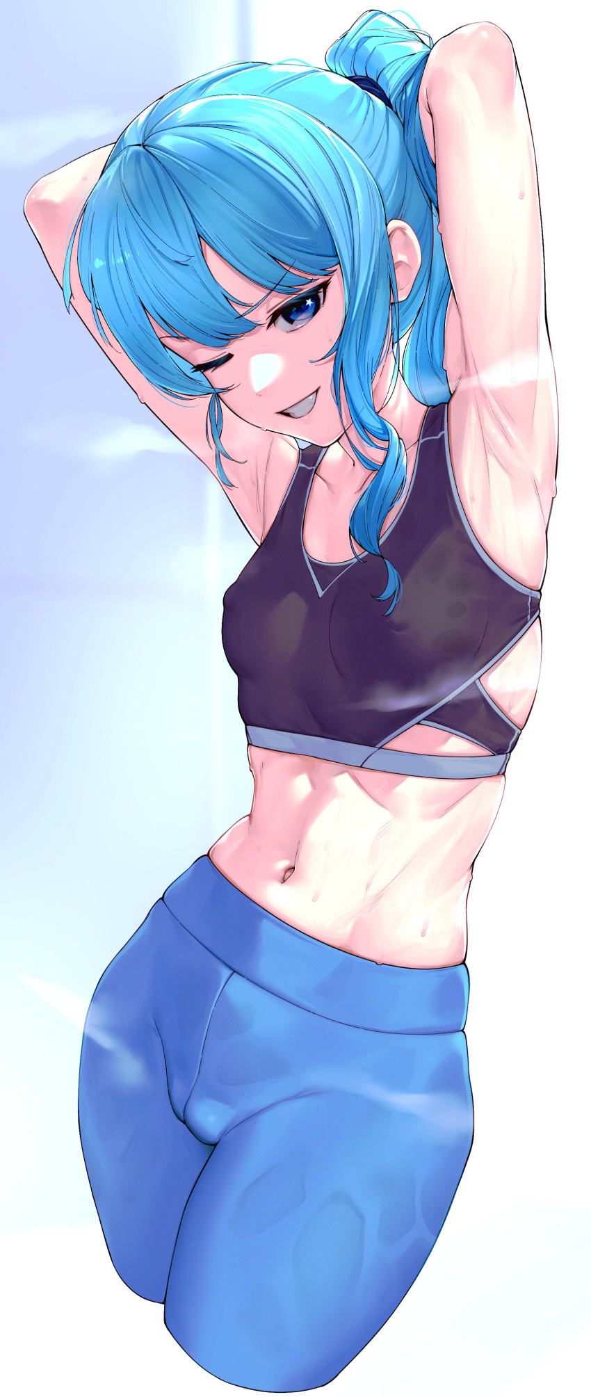 1girl absurdres armpits arms_behind_head blue_eyes blue_hair breasts commentary covered_nipples english_commentary grin highres hololive hoshimachi_suisei looking_at_viewer navel one_eye_closed pants ponytail rat_huang small_breasts smile solo sports_bra sweat virtual_youtuber yoga_pants