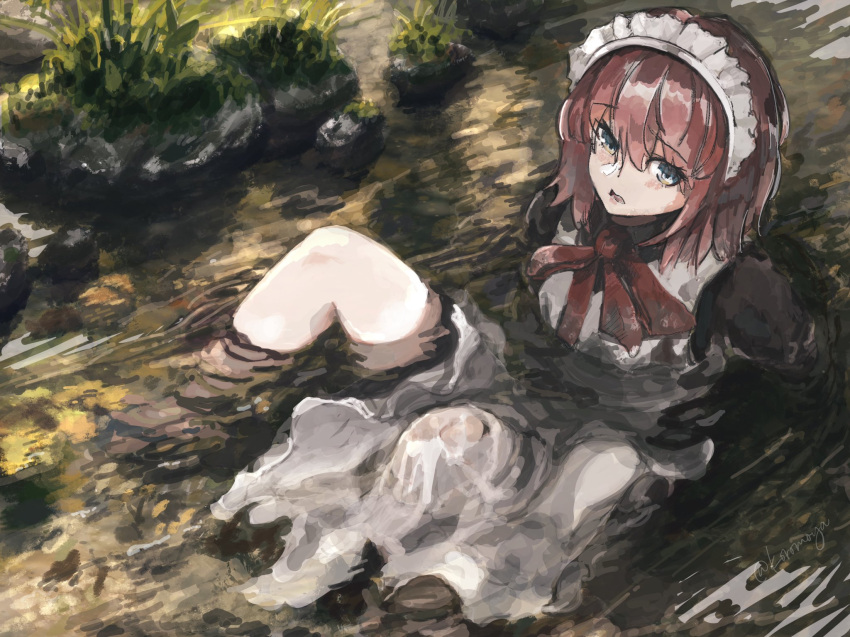 1girl apron black_dress blue_eyes bow bowtie dress highres hisui_(tsukihime) koromoya maid maid_apron maid_headdress moss nature open_mouth outdoors partially_submerged pond reclining red_bow red_bowtie red_hair ripples rock single_bare_leg soaking_feet solo sunlight tsukihime tsukihime_(remake) twitter_username wet