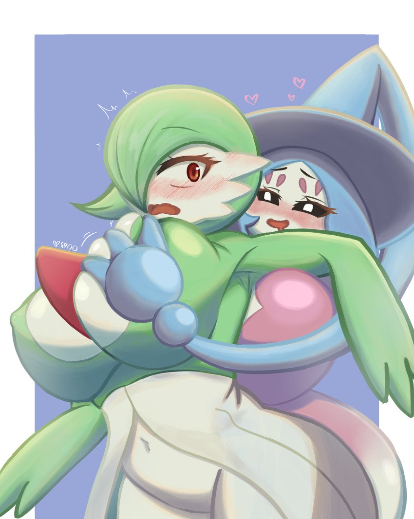 &lt;3 big_breasts black_sclera blue_hair blush breast_grab breasts duo exited female female/female fur gardevoir generation_3_pokemon generation_8_pokemon green_body green_fur hair hand_on_breast hatterene hi_res huge_breasts navel nintendo open_mouth pokemon pokemon_(species) pressing_breasts_together red_eyes simple_background surprise surprised_expression white_body