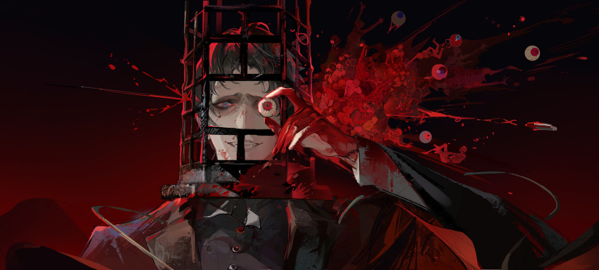 1boy black_jacket black_shirt blood blood_in_hair blood_on_arm blood_on_clothes blood_on_face blood_on_hands blood_splatter bloodborne bloodytongue666 blue_eyes bullet buttons character_request eyeball fangs grin head_cage highres jacket long_sleeves looking_at_viewer open_clothes open_jacket open_mouth organs pale_skin parted_bangs red_background sharp_teeth shirt short_bangs short_hair smile solo teeth upper_body