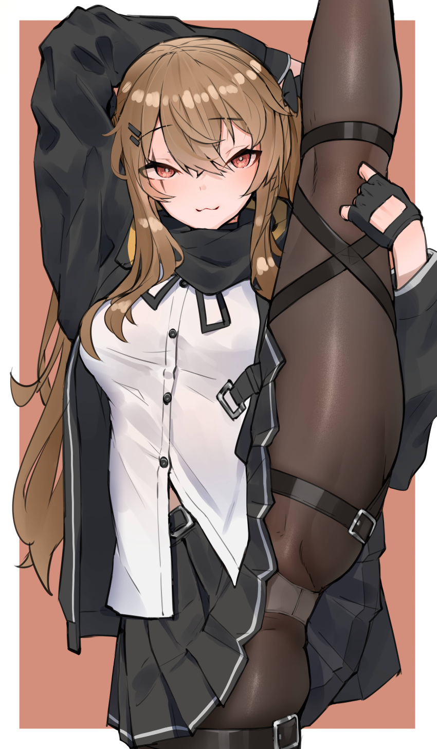 1girl :3 absurdres black_gloves black_scarf black_skirt blush border breasts brown_hair commentary_request dress_shirt fingerless_gloves girls'_frontline gloves groin_tendon hair_between_eyes hair_ornament highres jacket long_hair long_sleeves looking_at_viewer medium_breasts medium_hair outside_border panties panties_under_pantyhose pantyhose ringobatake scar scar_across_eye scarf shirt sidelocks skindentation skirt solo split standing standing_on_one_leg standing_split thigh_strap ump9_(girls'_frontline) underwear white_border white_panties white_shirt