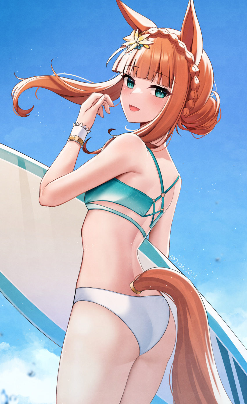 1girl absurdres animal_ears aqua_bikini aqua_eyes ass bare_arms bare_legs bare_shoulders bikini blush cowboy_shot highres horse_ears horse_girl horse_tail long_hair nassss open_mouth orange_hair silence_suzuka_(emerald_on_the_waves)_(umamusume) smile solo swimsuit tail umamusume