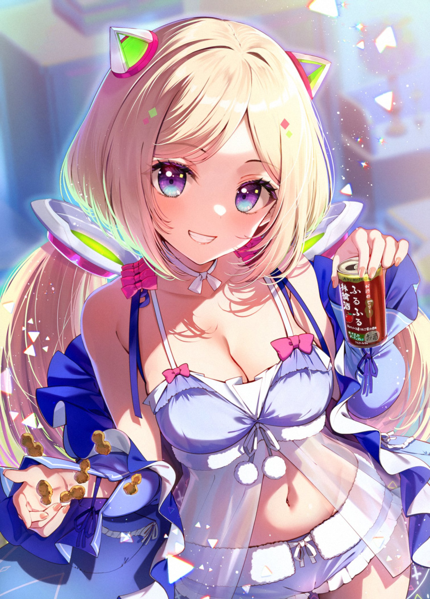 1girl aki_rosenthal aki_rosenthal_(2nd_costume) beer_can blonde_hair blush bob_cut breasts can cleavage detached_hair hair_ornament headgear highres hololive large_breasts long_hair looking_at_viewer low_twintails navel official_alternate_costume open_mouth parted_bangs peanut purple_eyes short_hair smile solo tsurugi_hikaru twintails virtual_youtuber