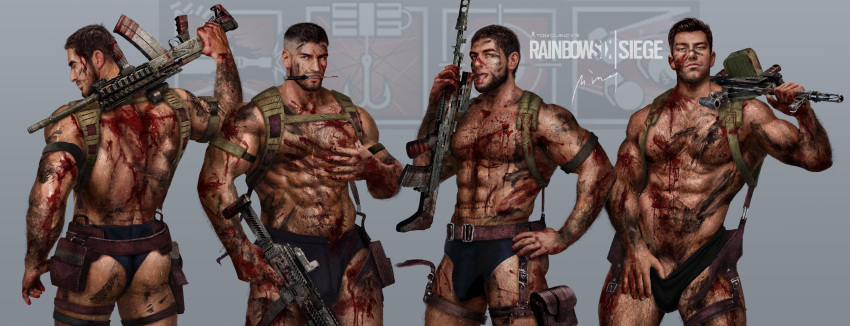 4boys abs absurdres armband artbyming ass back bara belt black_hair black_male_underwear blood blood_on_clothes blood_on_face briefs brown_belt bulge copyright_name facepaint facial_hair fuze_(rainbow_six_siege) glaz_(rainbow_six_siege) gun highres holding holding_gun holding_weapon kapkan_(rainbow_six_siege) knife large_pectorals male_focus male_pubic_hair male_underwear multiple_boys muscular muscular_male navel nipples pectorals penis penis_peek pubic_hair rainbow_six_siege short_hair tachanka_(rainbow_six_siege) tongue tongue_out underwear weapon weapon_in_mouth