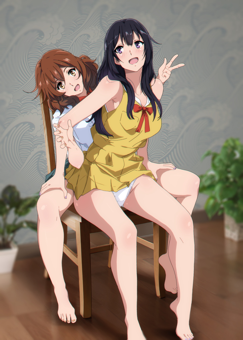 2girls alternate_costume bare_legs barefoot black_hair blurry blurry_background bow bowtie breasts brown_hair chair collarbone commentary depth_of_field dress feet green_skirt hands_on_another's_thighs hands_up head_tilt hibike!_euphonium highres indoors kousaka_reina legs long_hair looking_at_viewer medium_breasts medium_hair multiple_girls nail_polish open_mouth oumae_kumiko panties plant pleated_dress potted_plant purple_eyes purple_nails red_bow red_bowtie sbel02 school_uniform shiny_skin shirt short_dress sitting skirt sleeveless sleeveless_dress symbol-only_commentary thighs toenail_polish toenails toes underwear w white_panties white_shirt yellow_dress