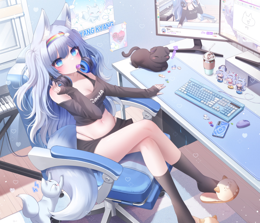 1girl absurdres animal_ears bare_shoulders black_bra black_shirt black_skirt black_socks blue_eyes bra bra_strap breasts candy chair cleavage commission crop_top crossed_legs food fox_ears fox_girl fox_tail gaming_chair hand_up headphones headphones_around_neck highleg highres honyang keyboard_(computer) kneehighs lollipop long_hair long_sleeves looking_at_viewer medium_breasts midriff miniskirt mouse_(computer) mouth_hold navel off-shoulder_shirt off_shoulder original panty_straps shirt sitting skirt sleeves_past_wrists slippers socks solo stomach swivel_chair tail thighs two_side_up underwear white_hair