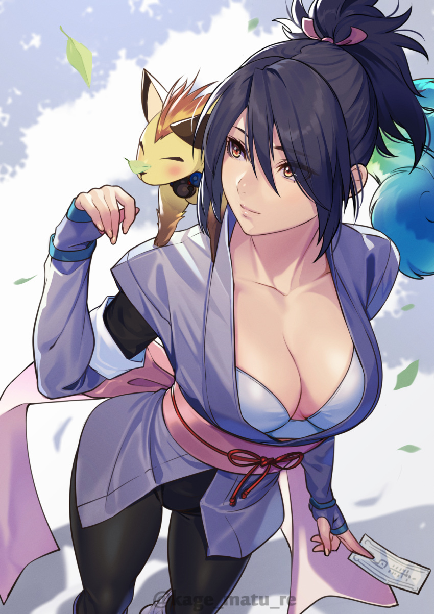 1girl absurdres animal black_hair black_pants breasts cleavage closed_mouth collarbone commentary_request falling_leaves from_above fujibayashi_sheena hand_up highres holding japanese_clothes kagematsuri large_breasts leaf long_sleeves medium_hair pants ponytail tales_of_(series) tales_of_symphonia thighs tower_of_saviors