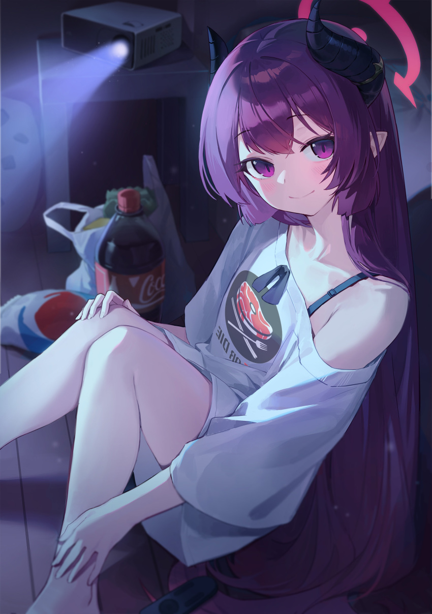 1girl absurdres airi_(ugpv2858) bag bare_legs blue_archive blurry blurry_background bottle breasts character_request closed_mouth dark_room demon_horns feet_out_of_frame from_side hair_between_eyes halo hand_on_own_ankle hand_on_own_knee highres horns indoors knees_together_feet_apart knees_up long_hair looking_at_viewer looking_to_the_side no_pants off-shoulder_shirt off_shoulder oversized_clothes oversized_shirt plastic_bag pointy_ears print_shirt purple_eyes purple_hair red_halo shirt single_bare_shoulder sitting slit_pupils small_breasts smile solo straight_hair very_long_hair white_shirt wide_sleeves