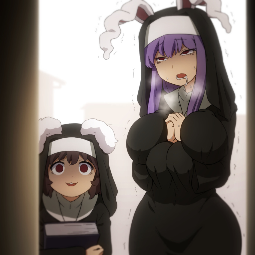 2girls :3 :d animal_ears black_dress bloom blurry book breasts brown_hair deep_skin depth_of_field dress drooling floppy_ears habit half-closed_eyes holding holding_book huge_breasts inaba_tewi looking_at_viewer lower_teeth_only multiple_girls nun open_mouth overexposure purple_hair rabbit_ears red_eyes reisen_udongein_inaba shirosato short_hair sidelocks smile sweat teeth touhou trembling upper_teeth_only what wide-eyed