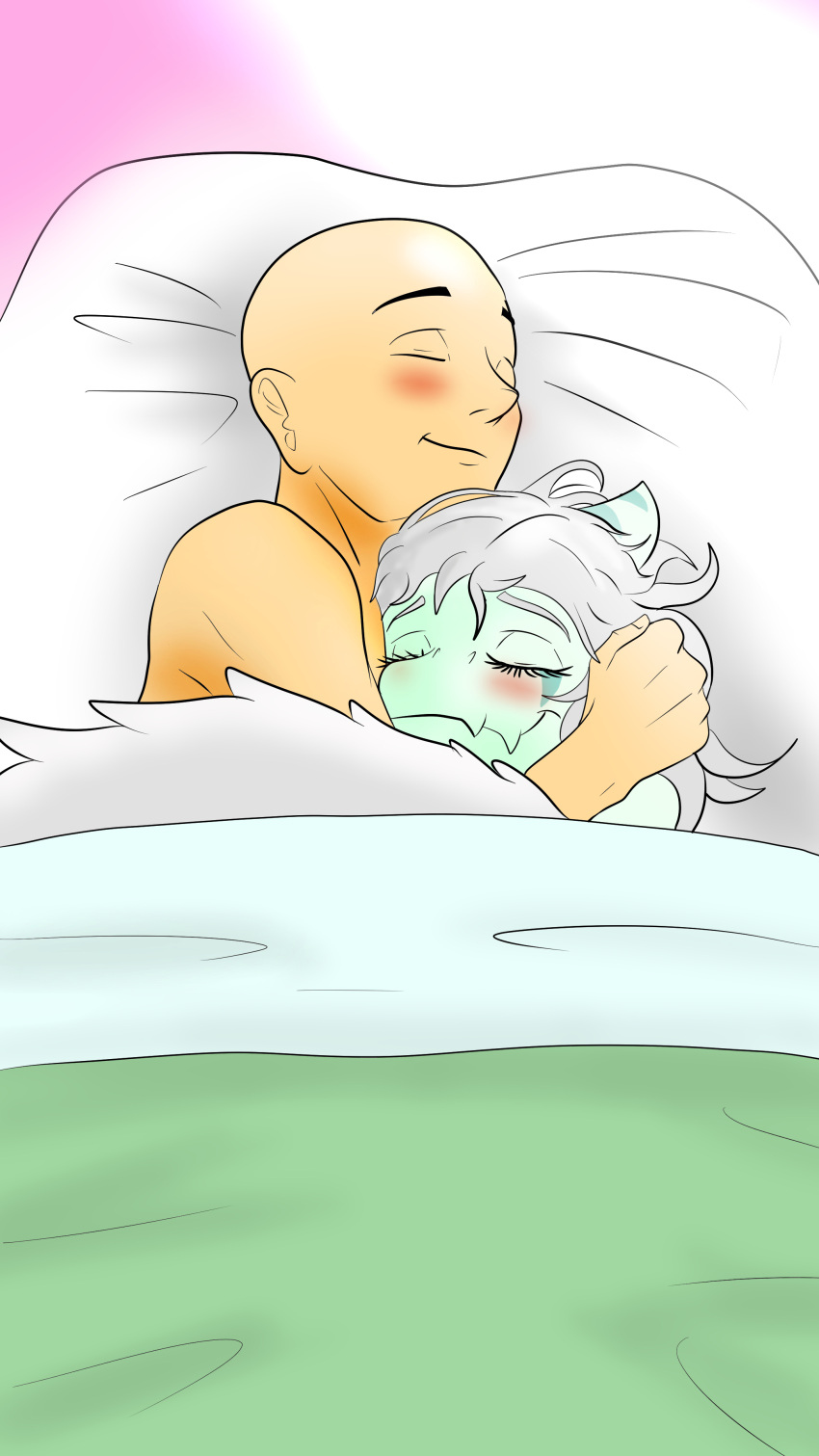 absurd_res anon_(snoot_game) anthro bald bed blush colored duo embrace eyelashes fang_(gvh) feathered_wings feathers female female_anthro female_on_human fuegosonic93 furniture goodbye_volcano_high hair hi_res human human_on_anthro interspecies male male/female male_on_anthro mammal pillow pterodactylus pterosaur reptile scalie snoot_game snout under_covers using_wings wing_hug wings