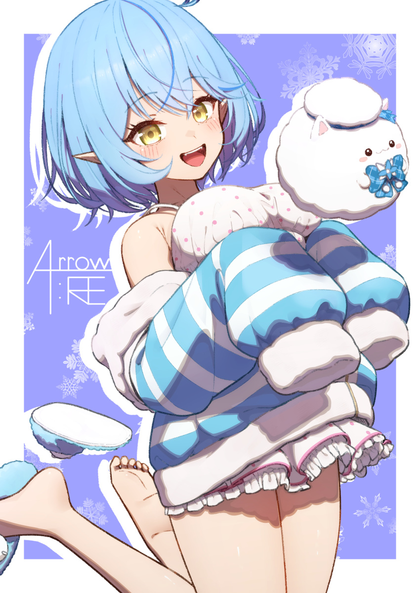 1girl :d absurdres armpit_crease bare_legs bare_shoulders barefoot blue_background blue_hair blue_jacket blush border breasts crossed_bangs feet fur-trimmed_jacket fur_trim hands_up highres hololive jacket large_breasts long_sleeves looking_at_viewer lunch_boxer medium_hair off_shoulder official_alternate_costume official_alternate_hair_length official_alternate_hairstyle open_mouth pointy_ears shadow sleeves_past_fingers sleeves_past_wrists slippers smile soles solo striped striped_jacket teeth thighs toes upper_teeth_only virtual_youtuber white_border yellow_eyes yukihana_lamy yukihana_lamy_(4th_costume) yukimin_(yukihana_lamy)